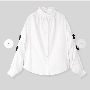 100% new Peacebird Women Ruffled Collar Flower Decor Shirt